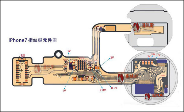 iPhone7 home键指纹键接线飞线图+原理图